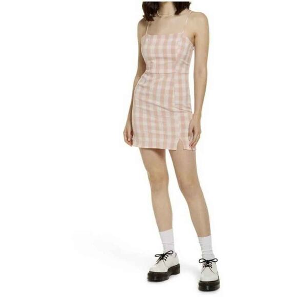 NWT BP. Womens Pink White Plaid Gingham Square Neck Sundress Mini Dress Size M - Picture 1 of 7